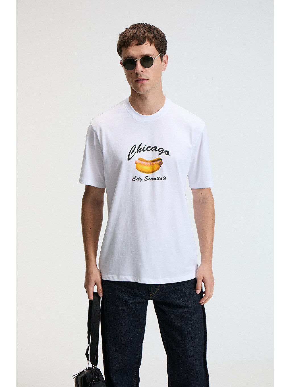 Crısp Erkek Oversize %100 Pamuk Baskılı Yuvarlak Yaka Beyaz T-shirt