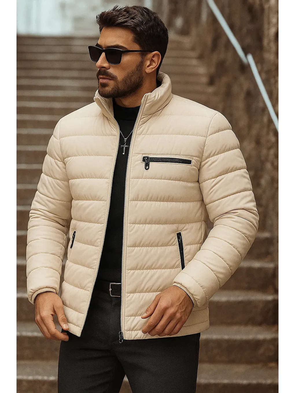 Ekru Erkek Kışlık Basic Dik Yaka Fermuarlı Krem Şişme Mont-1