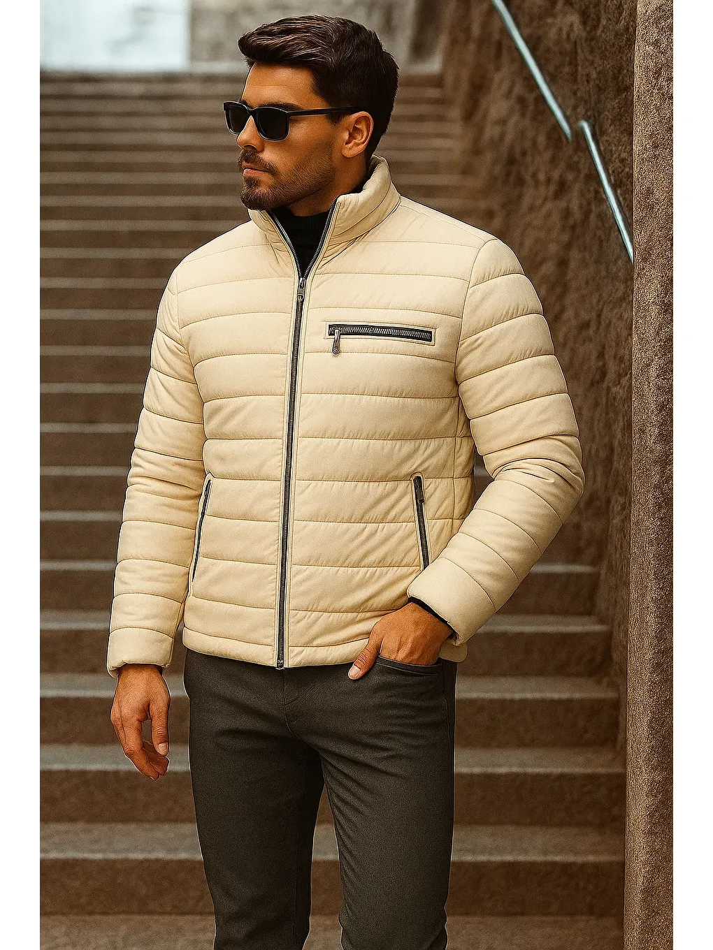Ekru Erkek Kışlık Basic Dik Yaka Fermuarlı Krem Şişme Mont-2