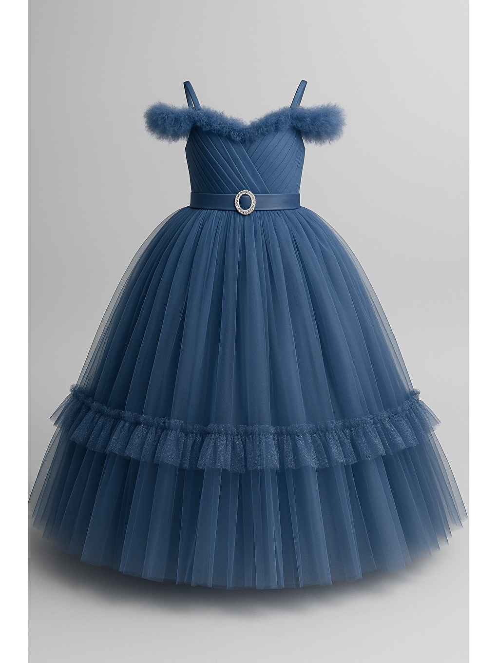 Mavi Kız Çocuk Tarlatanlı Tüllü Kabarık Abiye Elbise-2