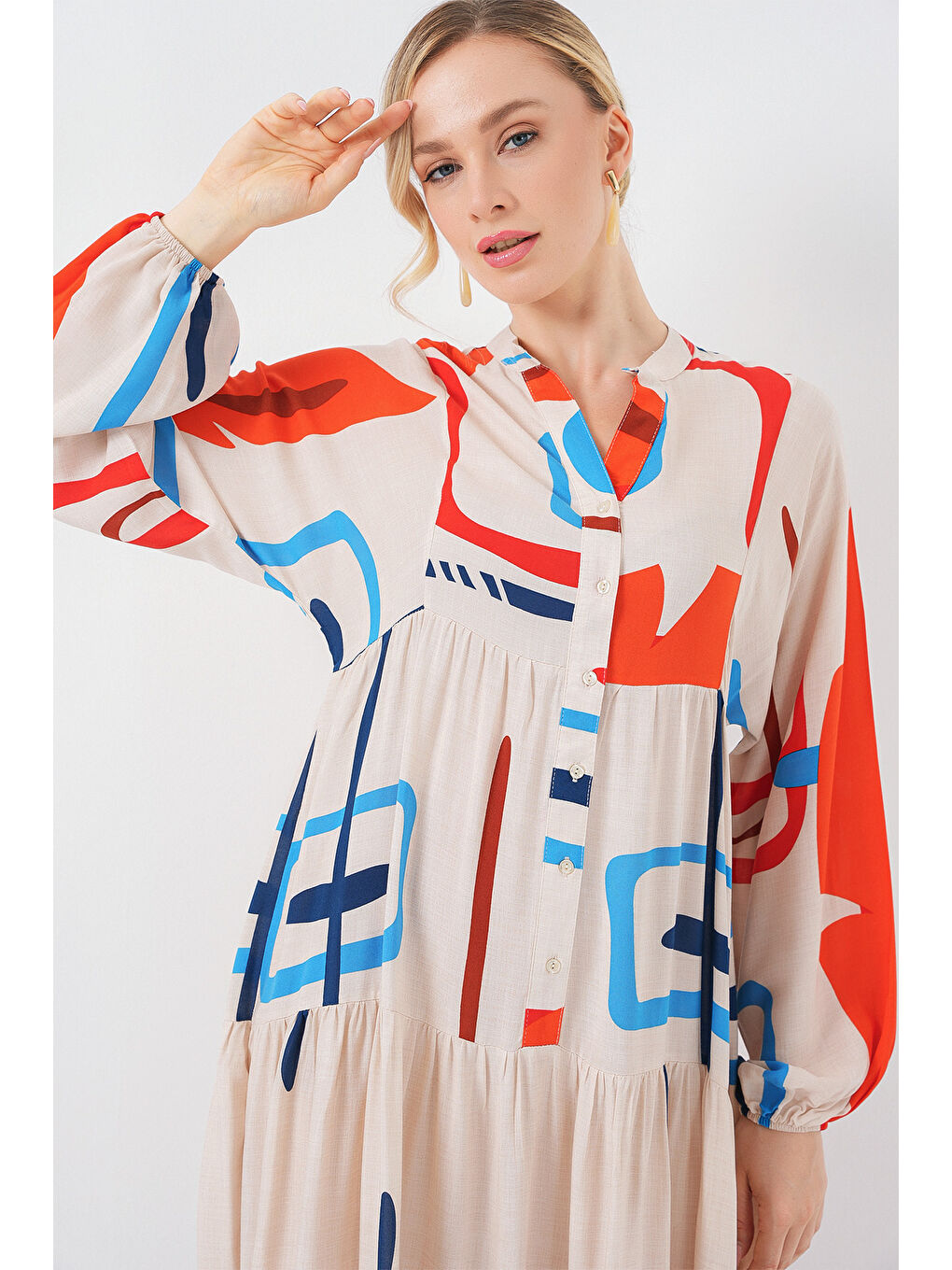 Kadın Desenli Uzun Tesettür Elbise 2585 - Turuncu-1