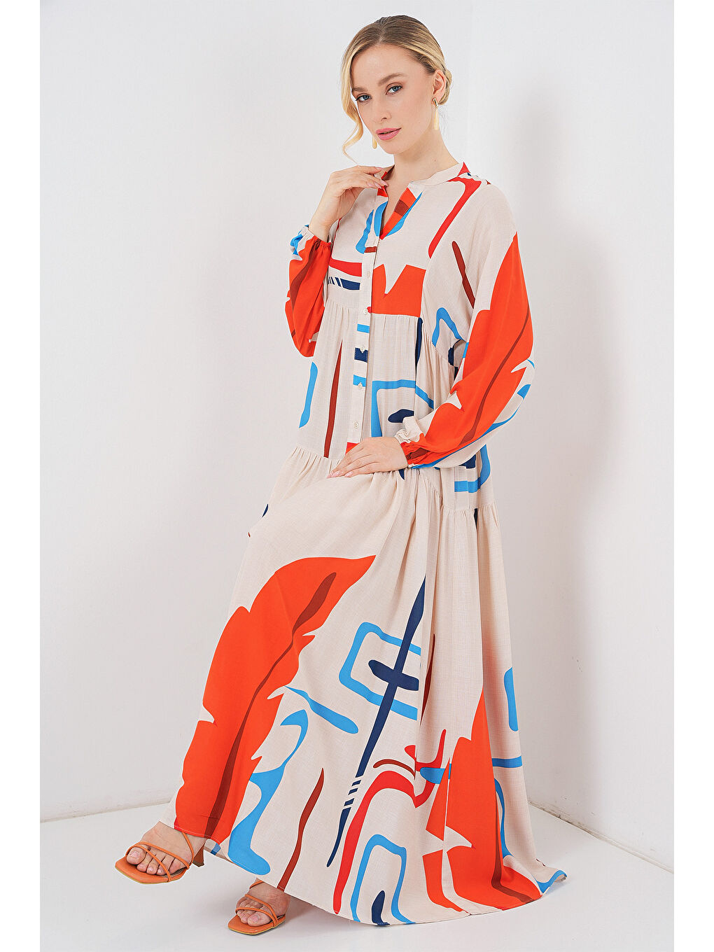 Kadın Desenli Uzun Tesettür Elbise 2585 - Turuncu-2