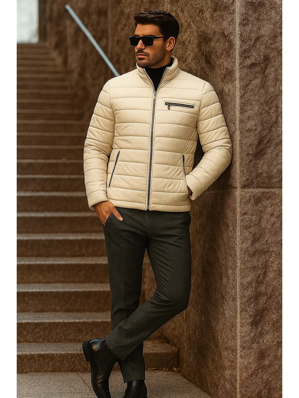 Ekru Erkek Kışlık Basic Dik Yaka Fermuarlı Krem Şişme Mont-3