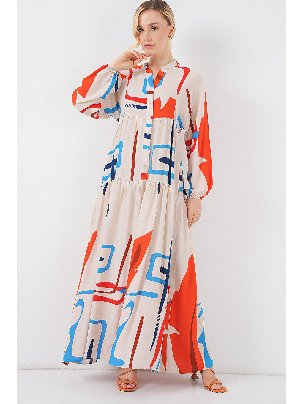 Kadın Desenli Uzun Tesettür Elbise 2585 - Turuncu-3