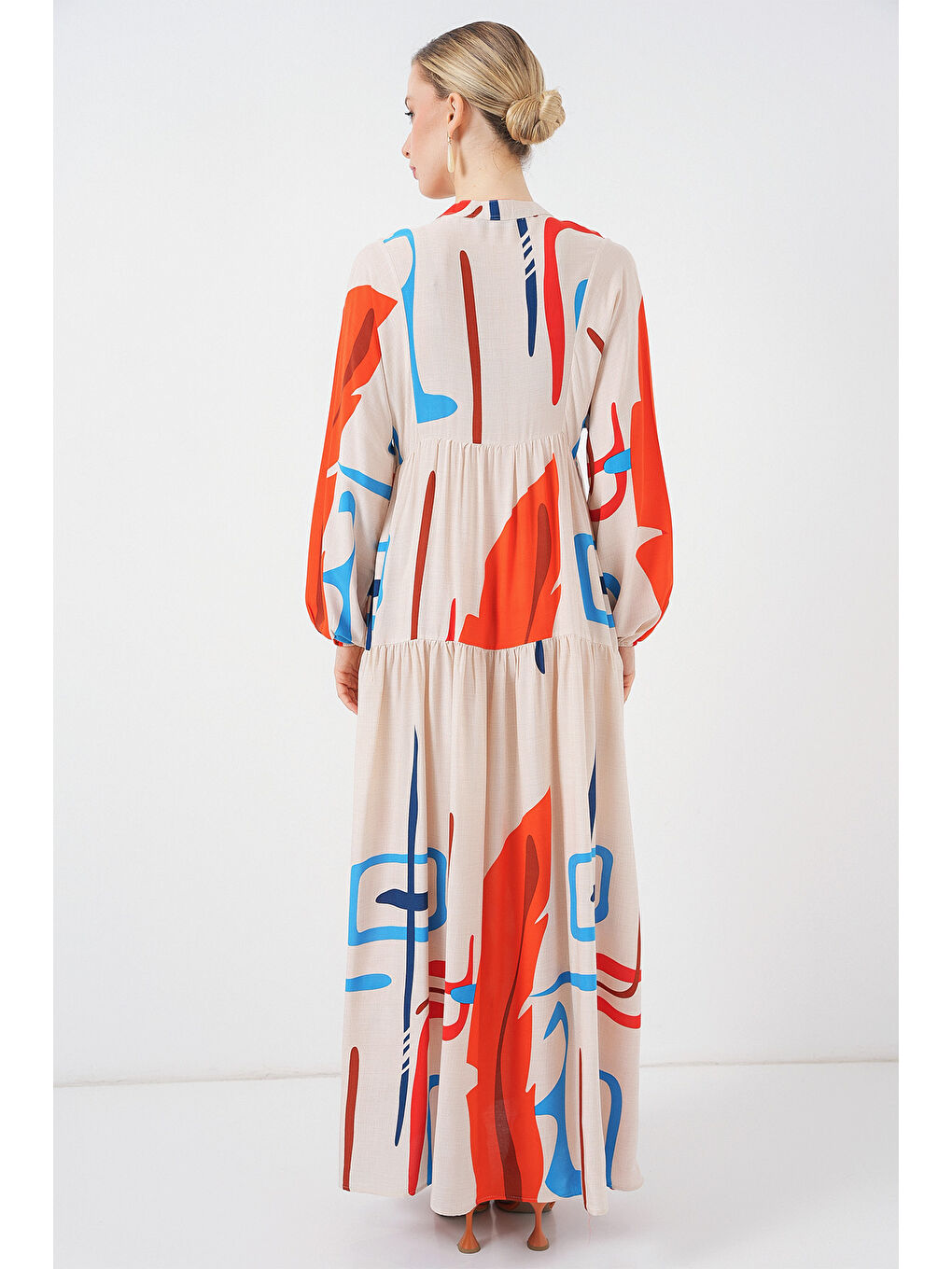 Kadın Desenli Uzun Tesettür Elbise 2585 - Turuncu-5