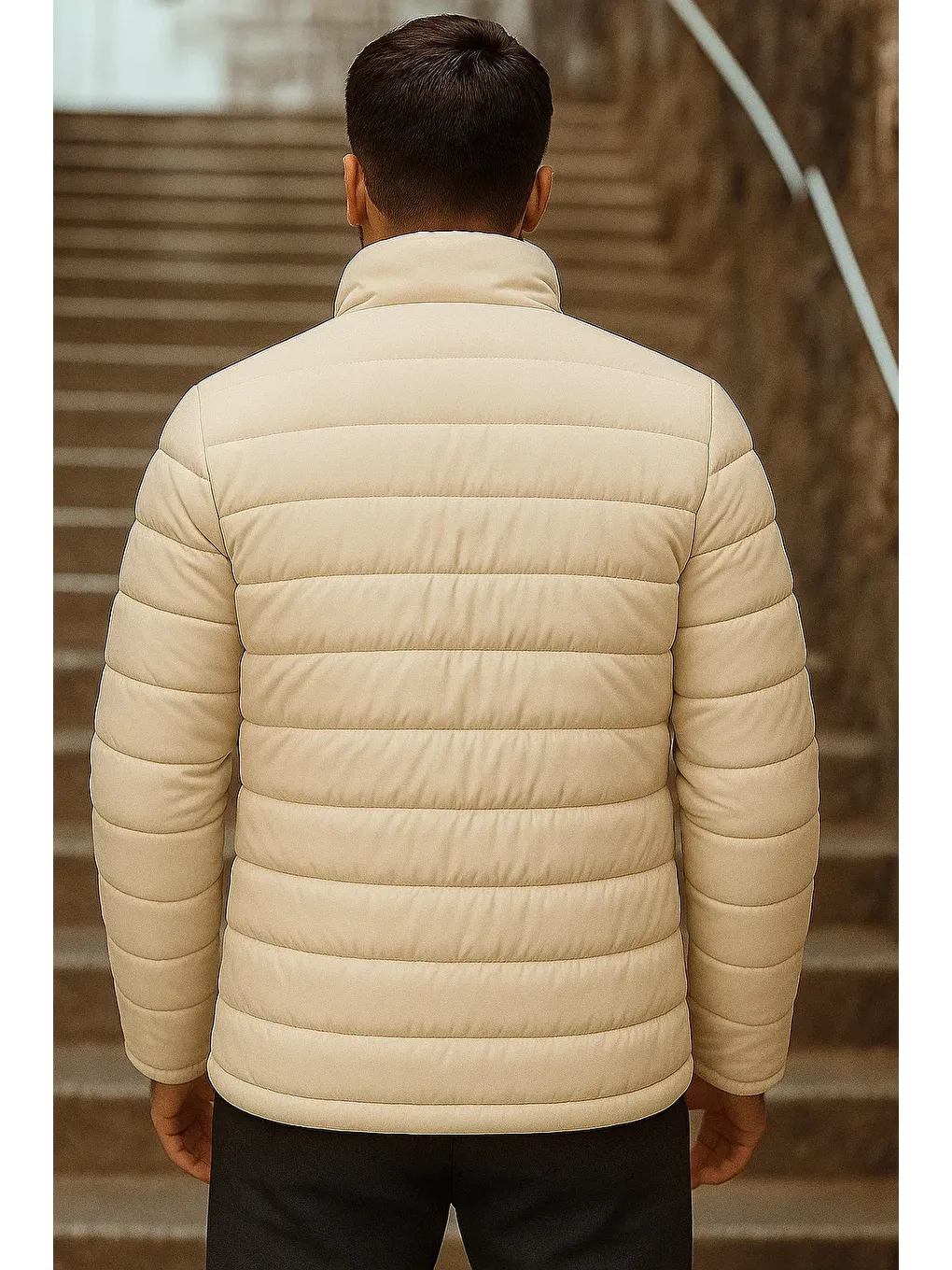 Ekru Erkek Kışlık Basic Dik Yaka Fermuarlı Krem Şişme Mont-4