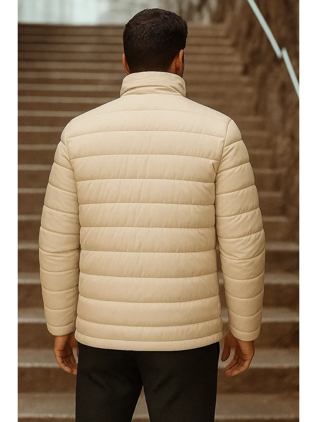 Ekru Erkek Kışlık Basic Dik Yaka Fermuarlı Krem Şişme Mont-5