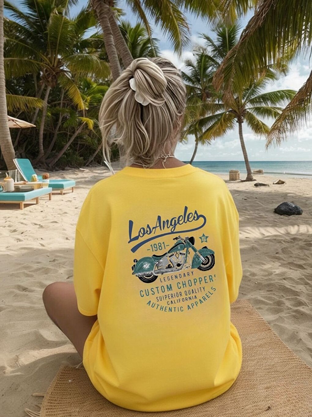 Kadın Sarı Los Angeles Moto Özel Baskı Pamuklu Tişört