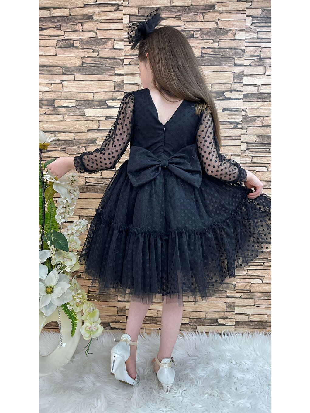 Siyah Katkat Prenses Dantel Tokalı Kız Çocuk Elbise MNK0306-2