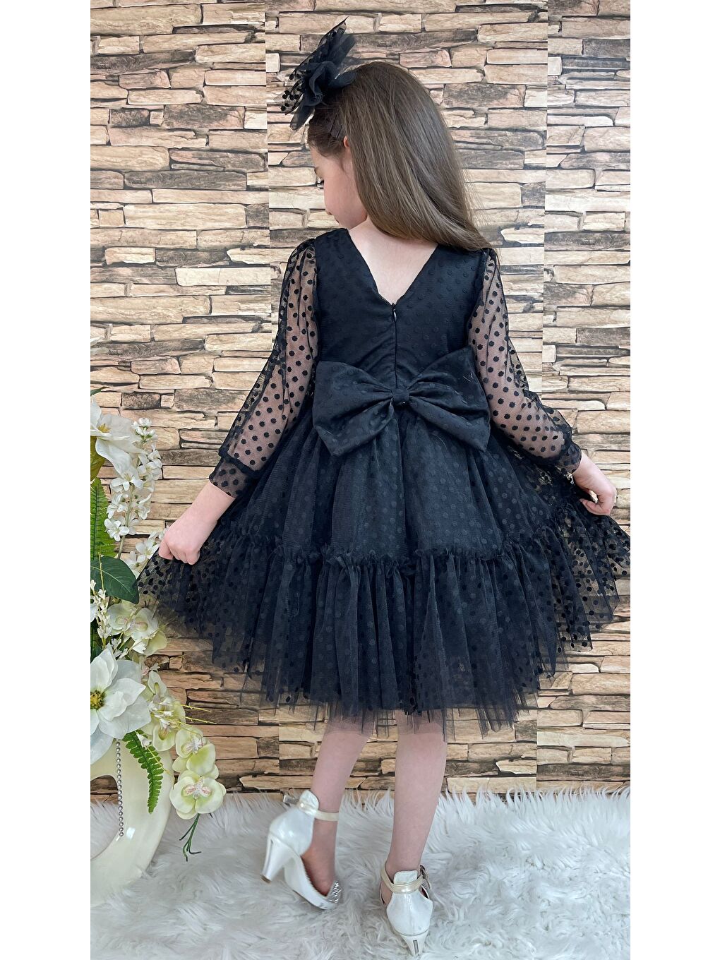Siyah Katkat Prenses Dantel Tokalı Kız Çocuk Elbise MNK0306-3