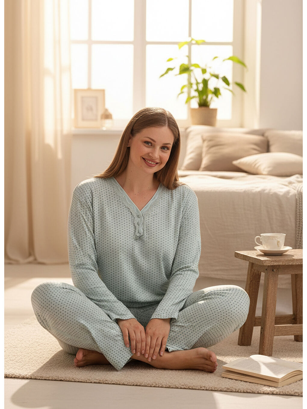 Yeşil İnce Mevsimlik Kumaş Uzun Kollu Büyük Beden Kadın Pijama Takımı 773