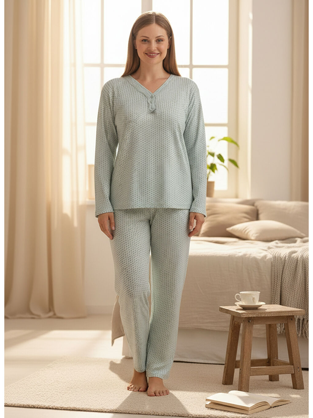 Yeşil İnce Mevsimlik Kumaş Uzun Kollu Büyük Beden Kadın Pijama Takımı 773-1