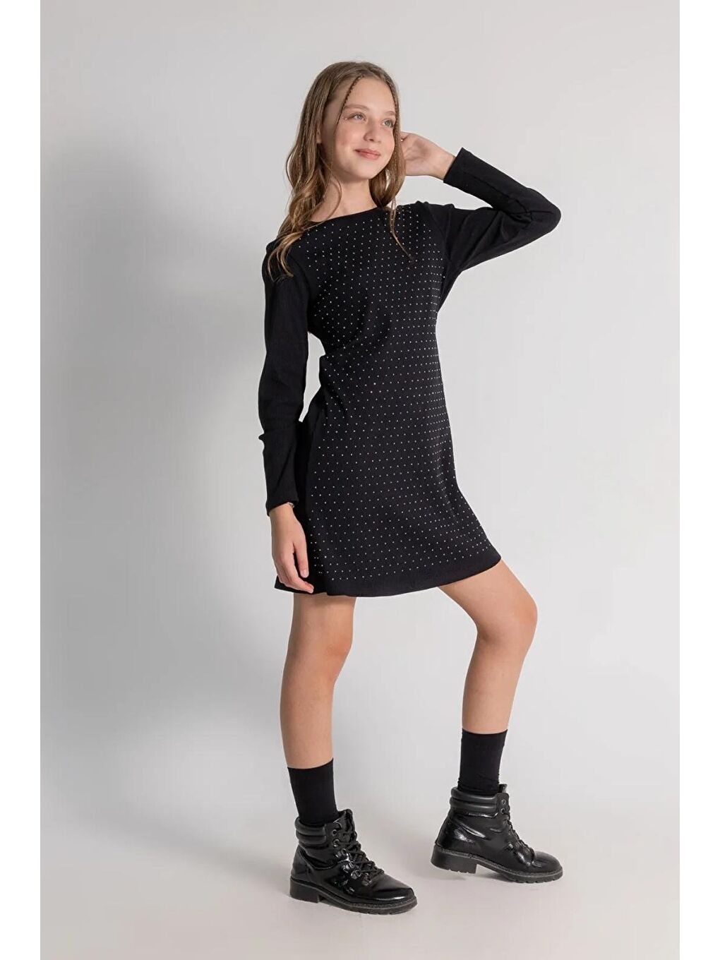Kız Çocuk Siyah Pamuklu Siyah Taş Detaylı Elbise