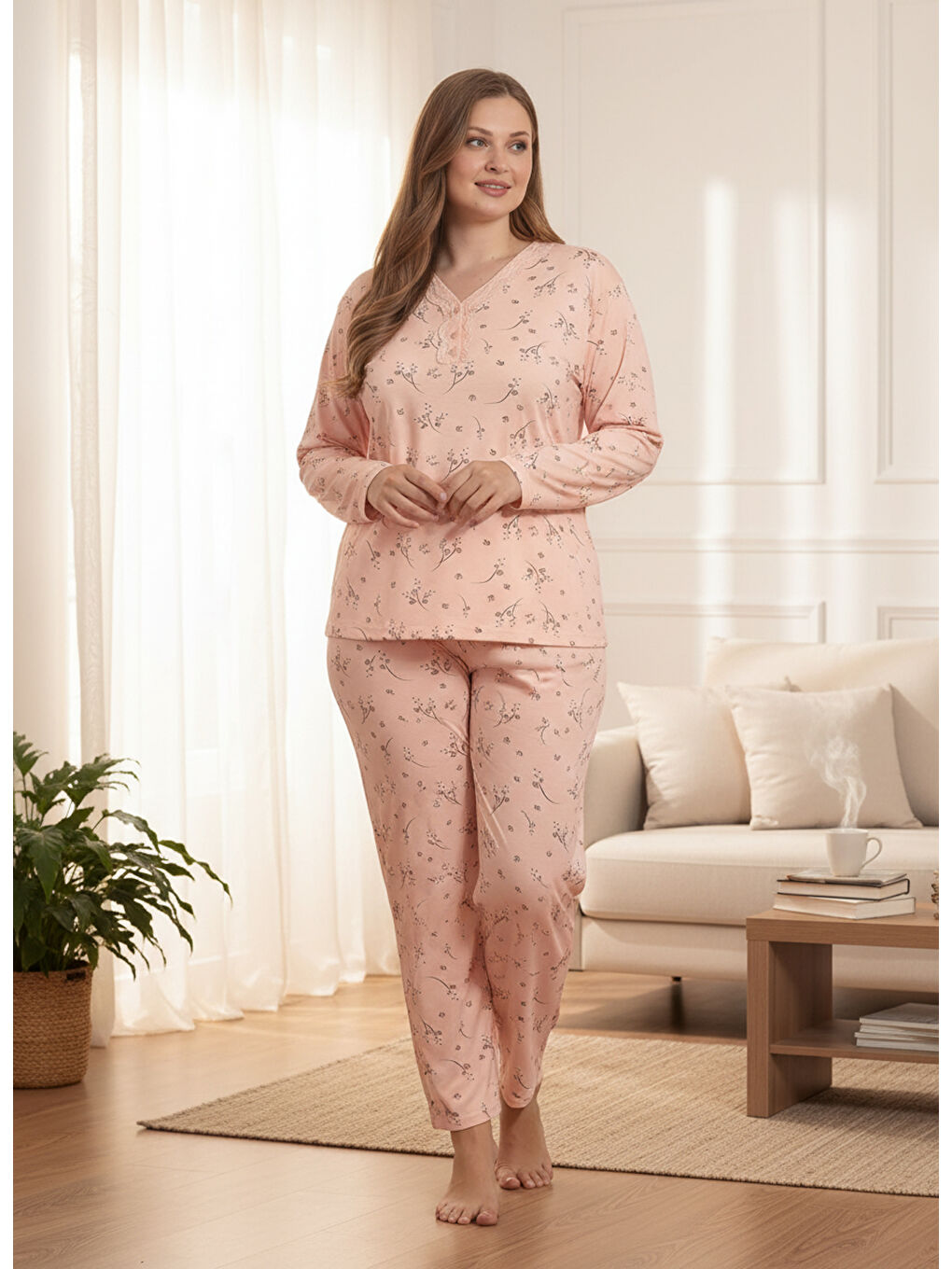 Pembe İnce Mevsimlik Kumaş Uzun Kollu Büyük Beden Kadın Pijama Takımı 773