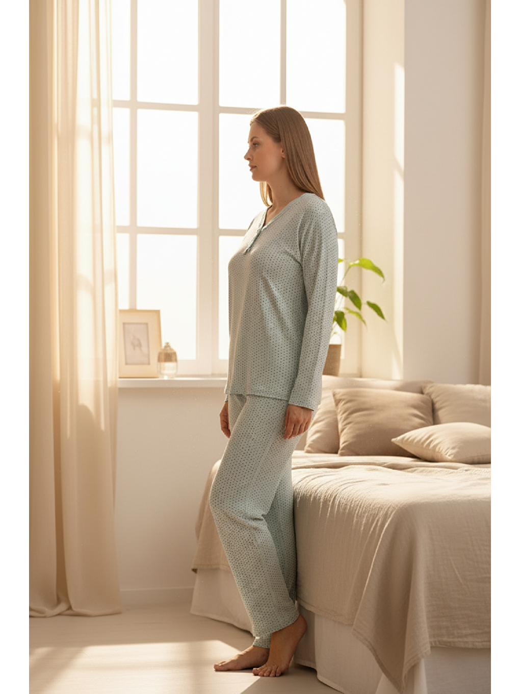 Yeşil İnce Mevsimlik Kumaş Uzun Kollu Büyük Beden Kadın Pijama Takımı 773-3