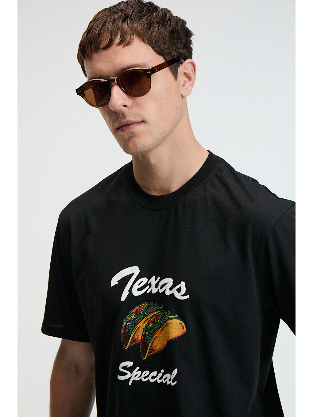 Crısp Erkek Oversize %100 Pamuk Baskılı Yuvarlak Yaka Siyah T-shirt-1