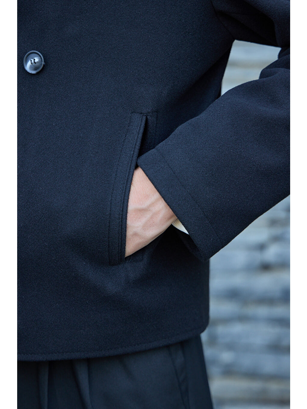 Erkek Kruvaze Kaşe Mont Ceket Siyah-4