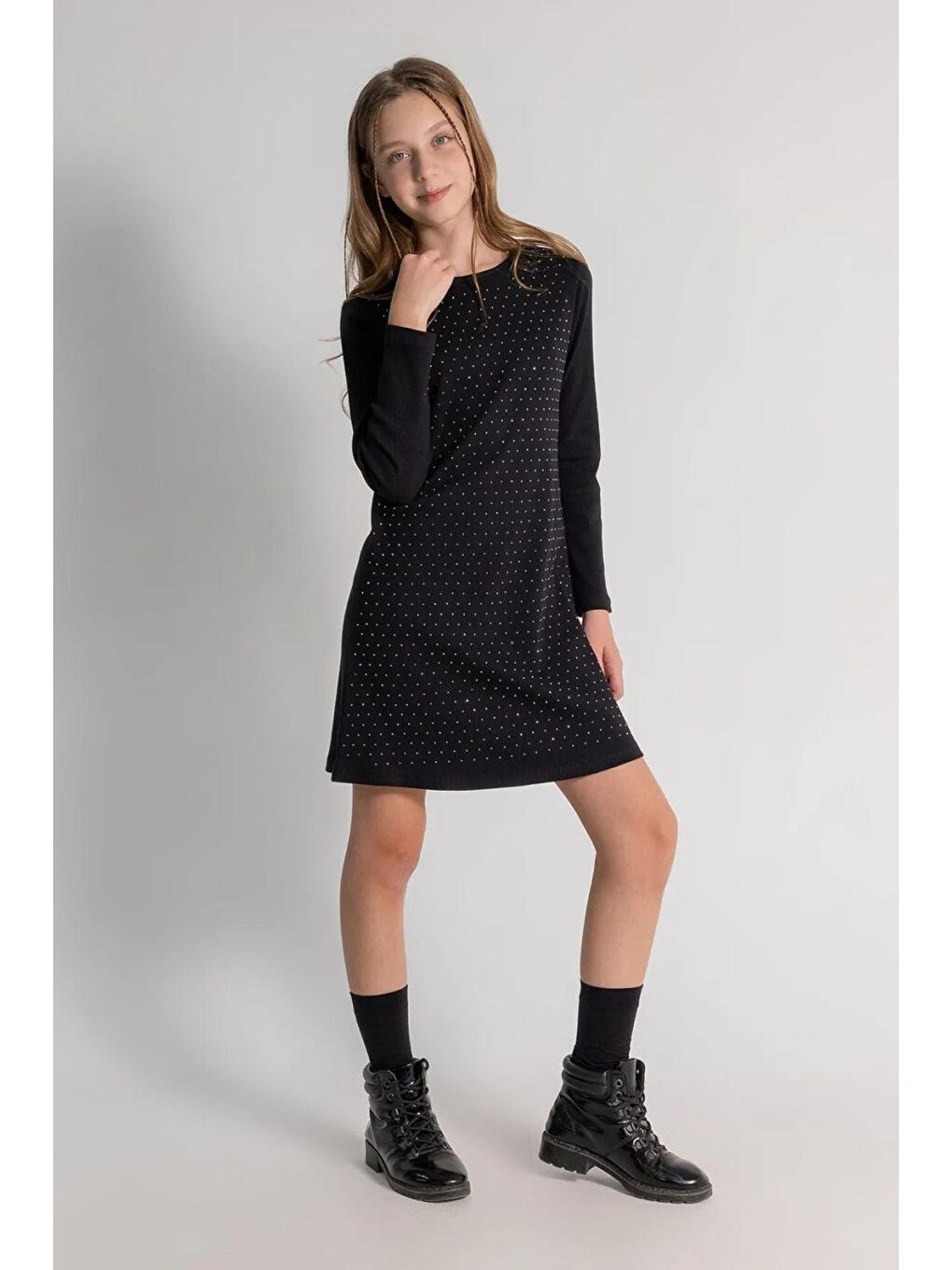 Kız Çocuk Siyah Pamuklu Siyah Taş Detaylı Elbise-1