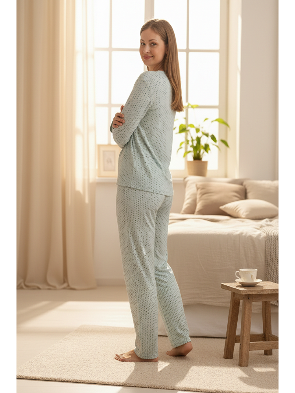 Yeşil İnce Mevsimlik Kumaş Uzun Kollu Büyük Beden Kadın Pijama Takımı 773-4