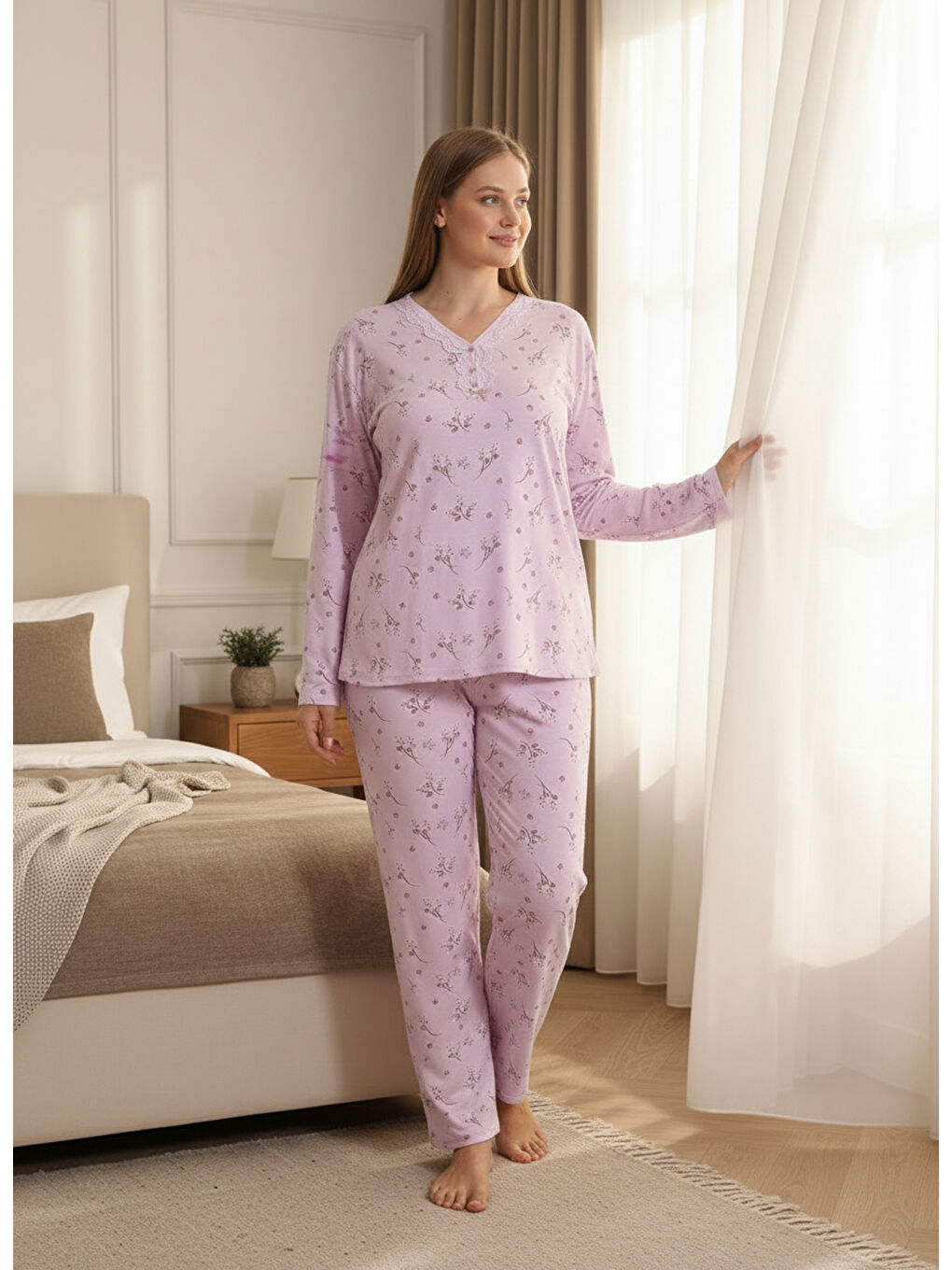 Lila İnce Mevsimlik Kumaş Uzun Kollu Büyük Beden Kadın Pijama Takımı 773-1