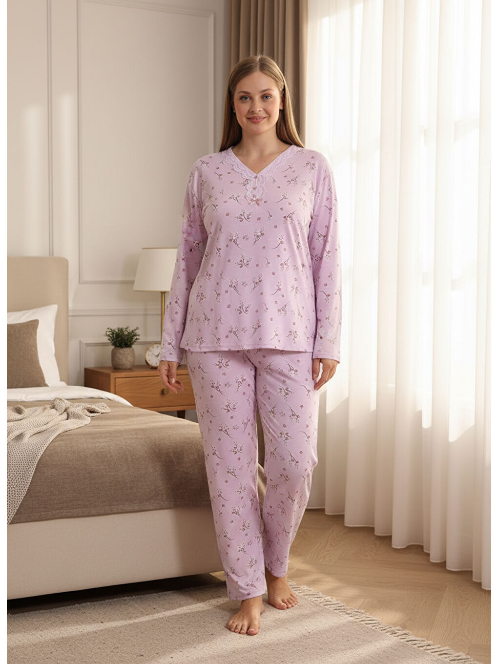 Lila İnce Mevsimlik Kumaş Uzun Kollu Büyük Beden Kadın Pijama Takımı 773-3