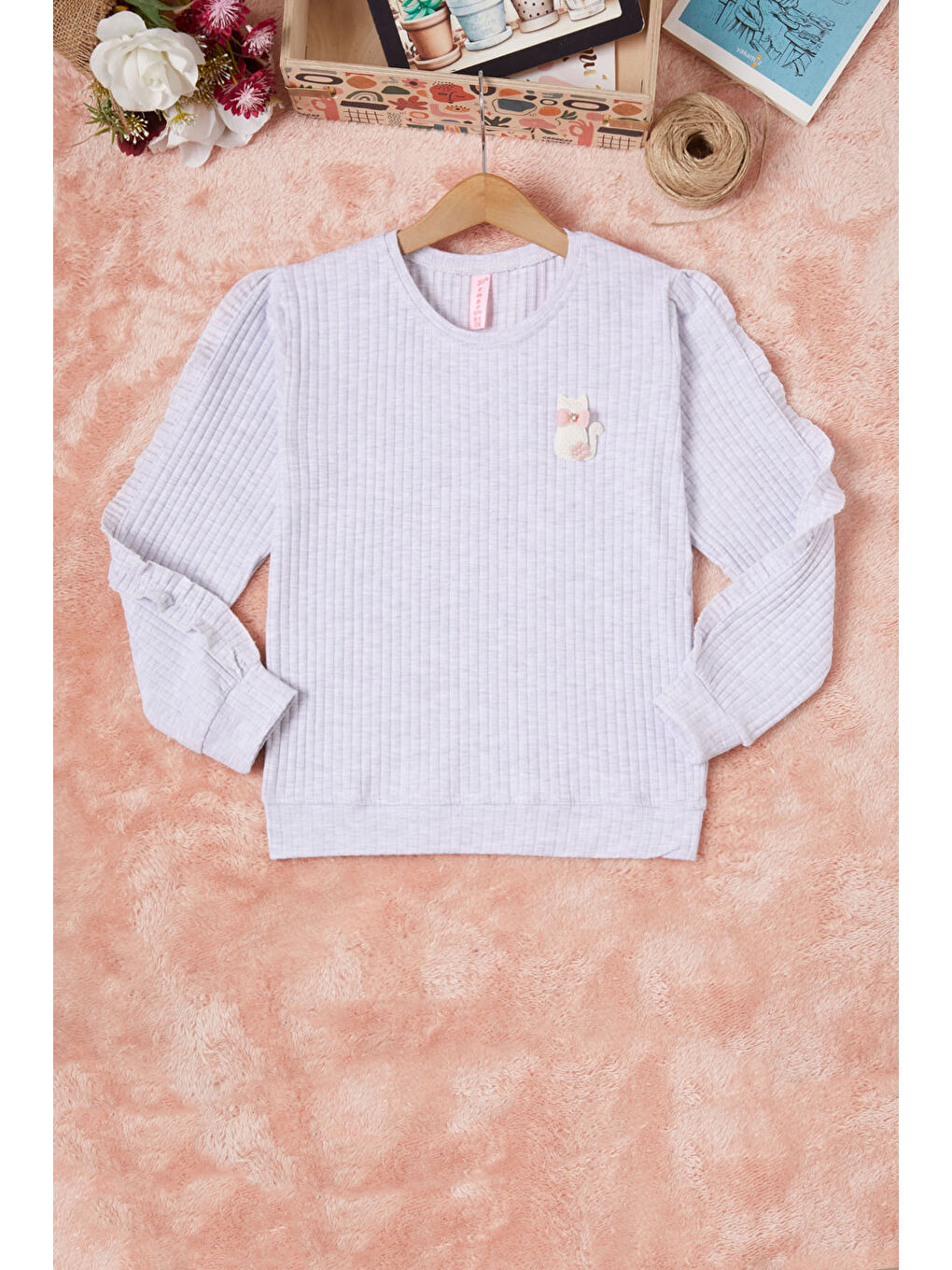 Pembe Life Kids Club Gri Fırfırlı Kedi Nakışlı Kız Çocuk Sweatshirt 16579