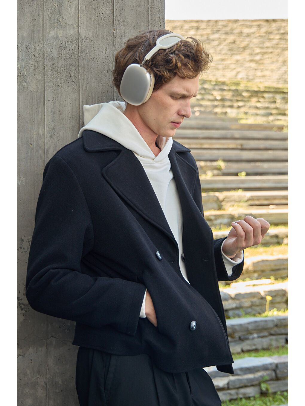 Erkek Kruvaze Kaşe Mont Ceket Siyah-5