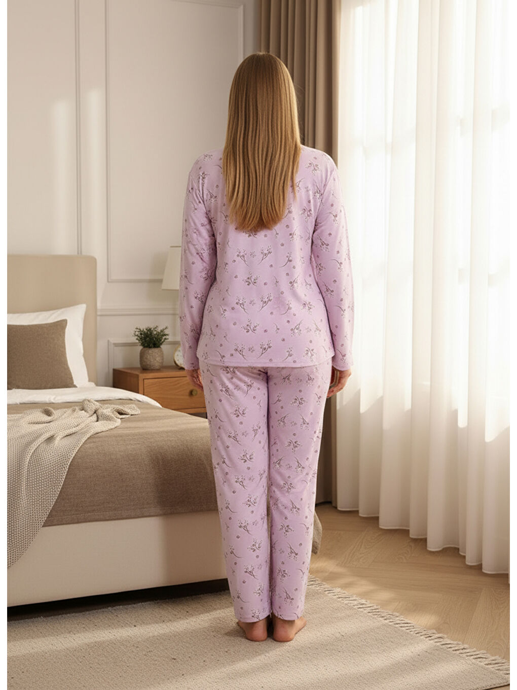 Lila İnce Mevsimlik Kumaş Uzun Kollu Büyük Beden Kadın Pijama Takımı 773-4