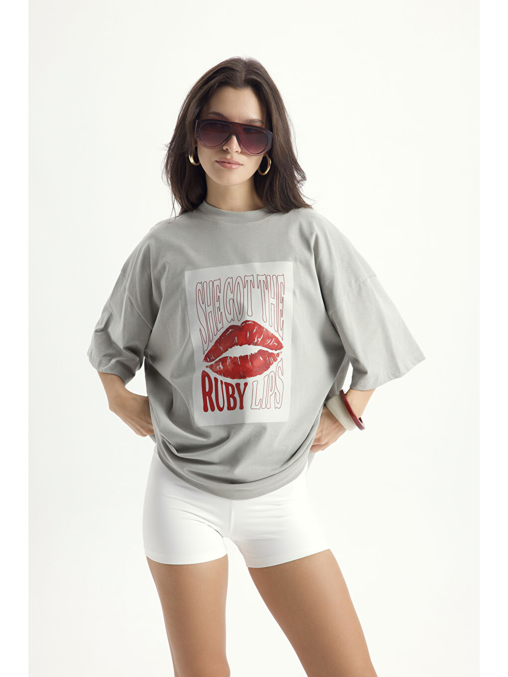 Lip Print Oversize Gri T-Shirt