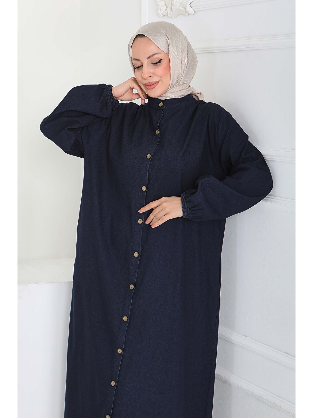 Düğmeli Bileği Lastikli Jean Elbise Koyu Lacivert - 27865-KOYU-LACIVERT-1