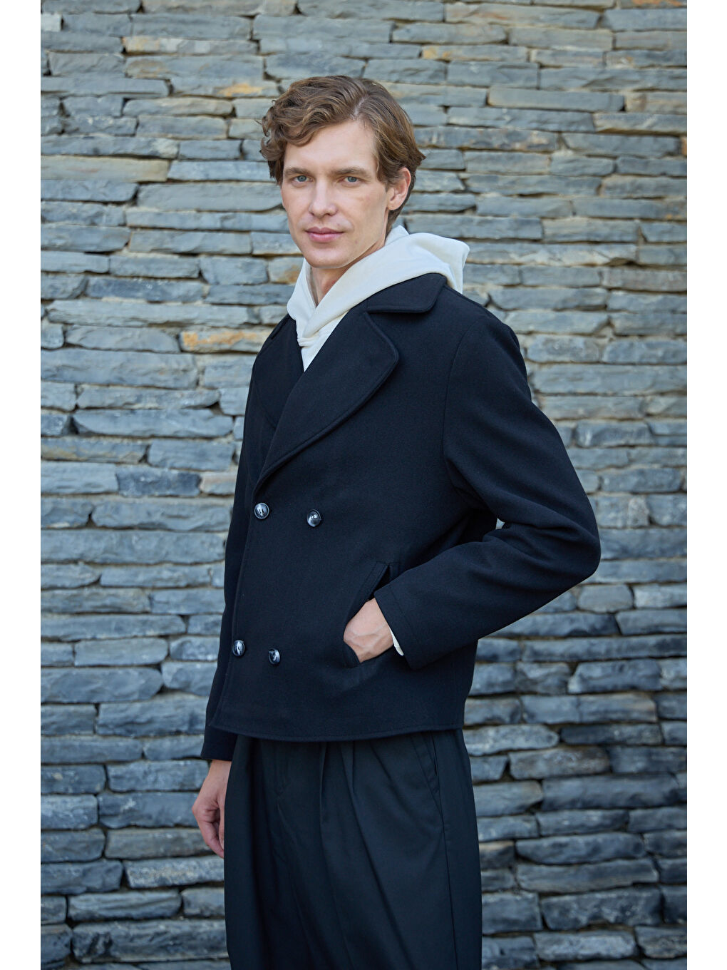 Erkek Kruvaze Kaşe Mont Ceket Siyah-6