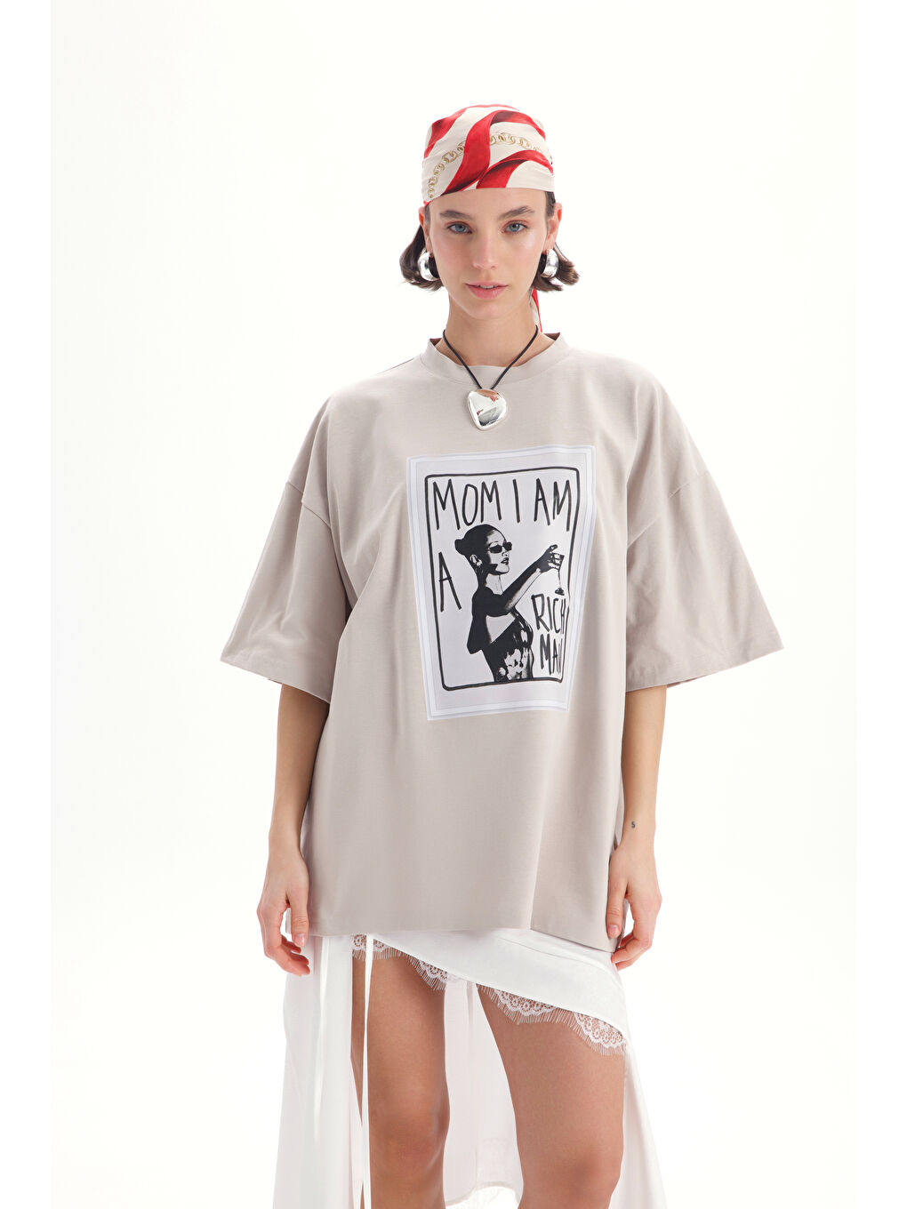 Bej Rich Woman Oversize Taş T-Shirt-1