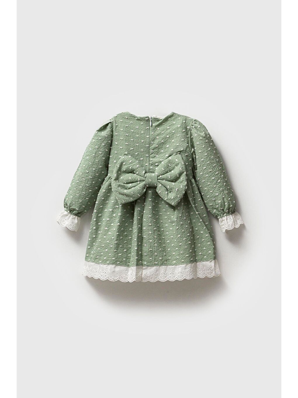 Yeşil Fiyonk Desenli Pamuklu Astarlı Dantelli Elbise Kız Çocuk-1