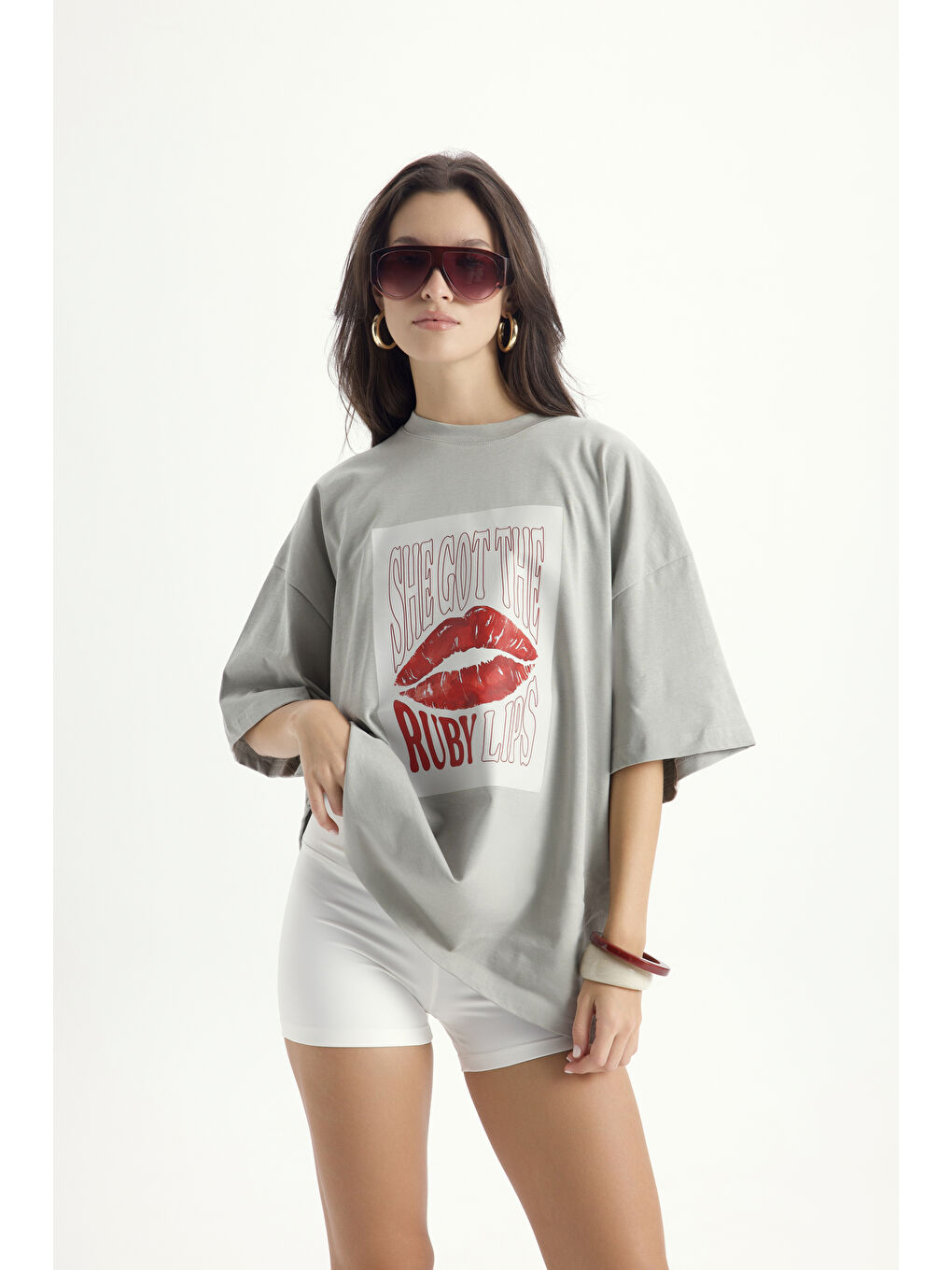 Lip Print Oversize Gri T-Shirt-5