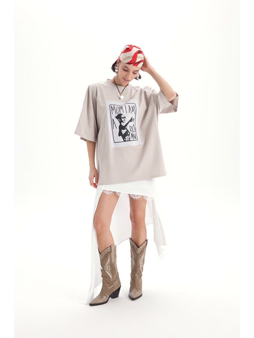 Bej Rich Woman Oversize Taş T-Shirt-2