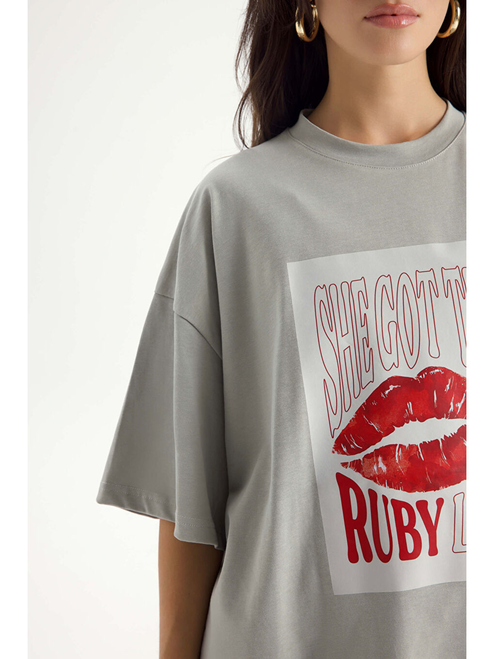 Lip Print Oversize Gri T-Shirt-6