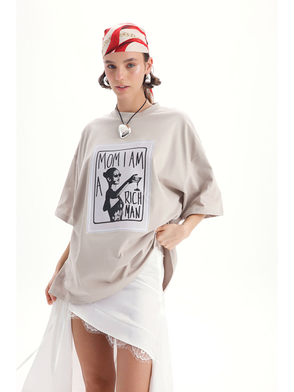 Bej Rich Woman Oversize Taş T-Shirt-3