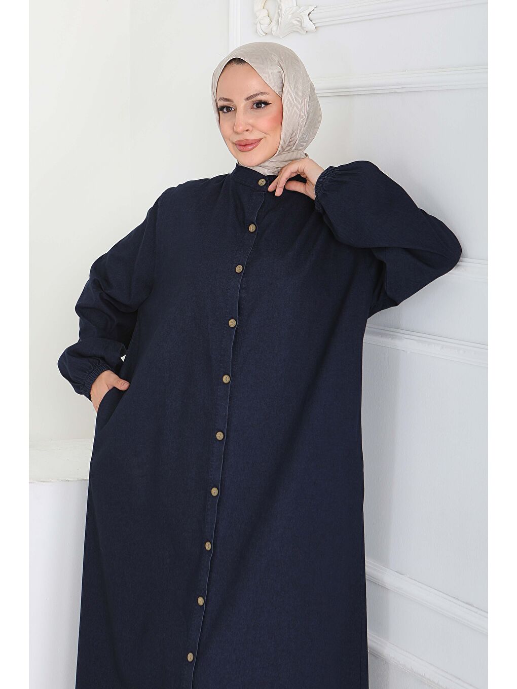 Düğmeli Bileği Lastikli Jean Elbise Koyu Lacivert - 27865-KOYU-LACIVERT-3