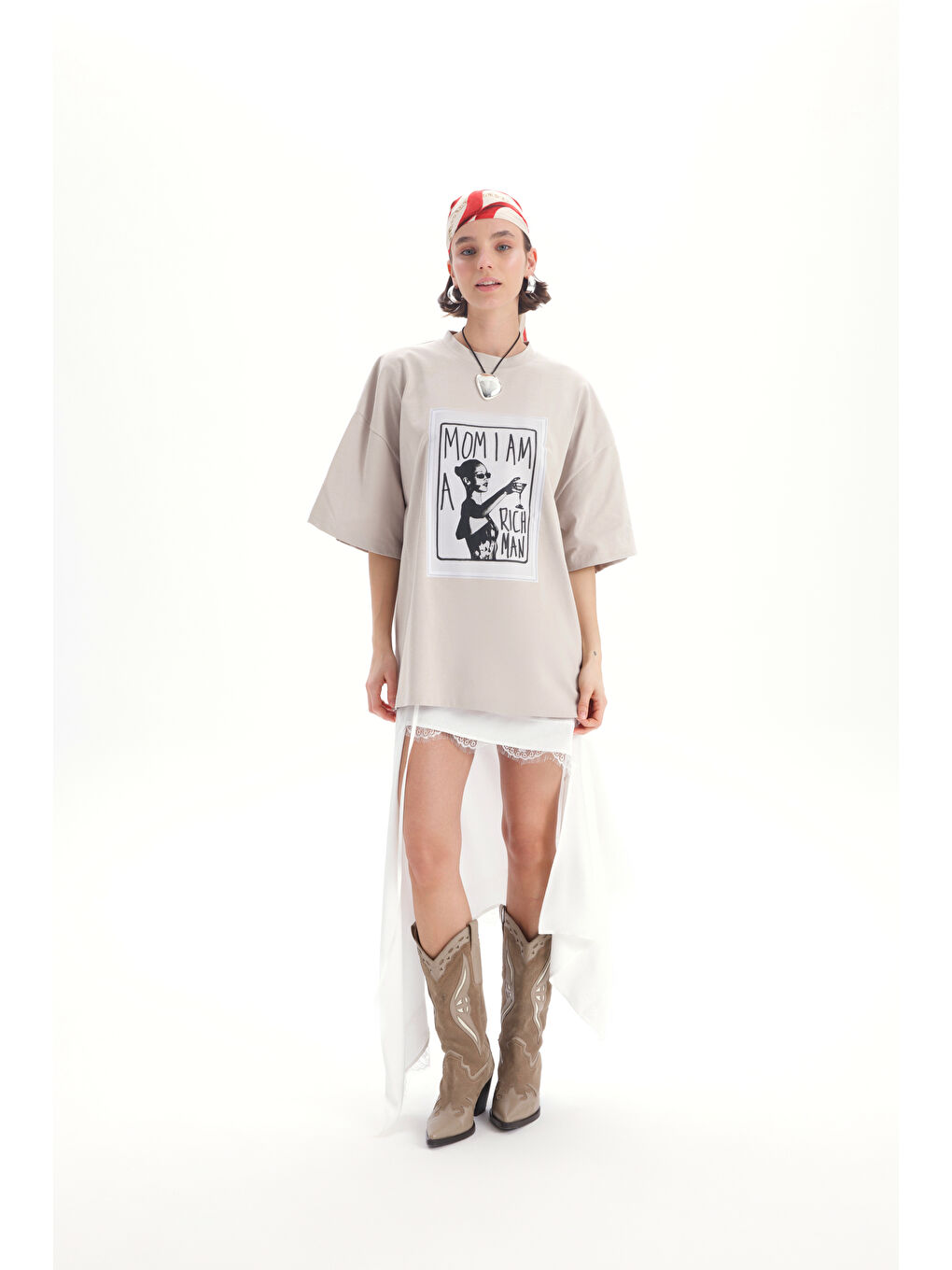 Bej Rich Woman Oversize Taş T-Shirt-5