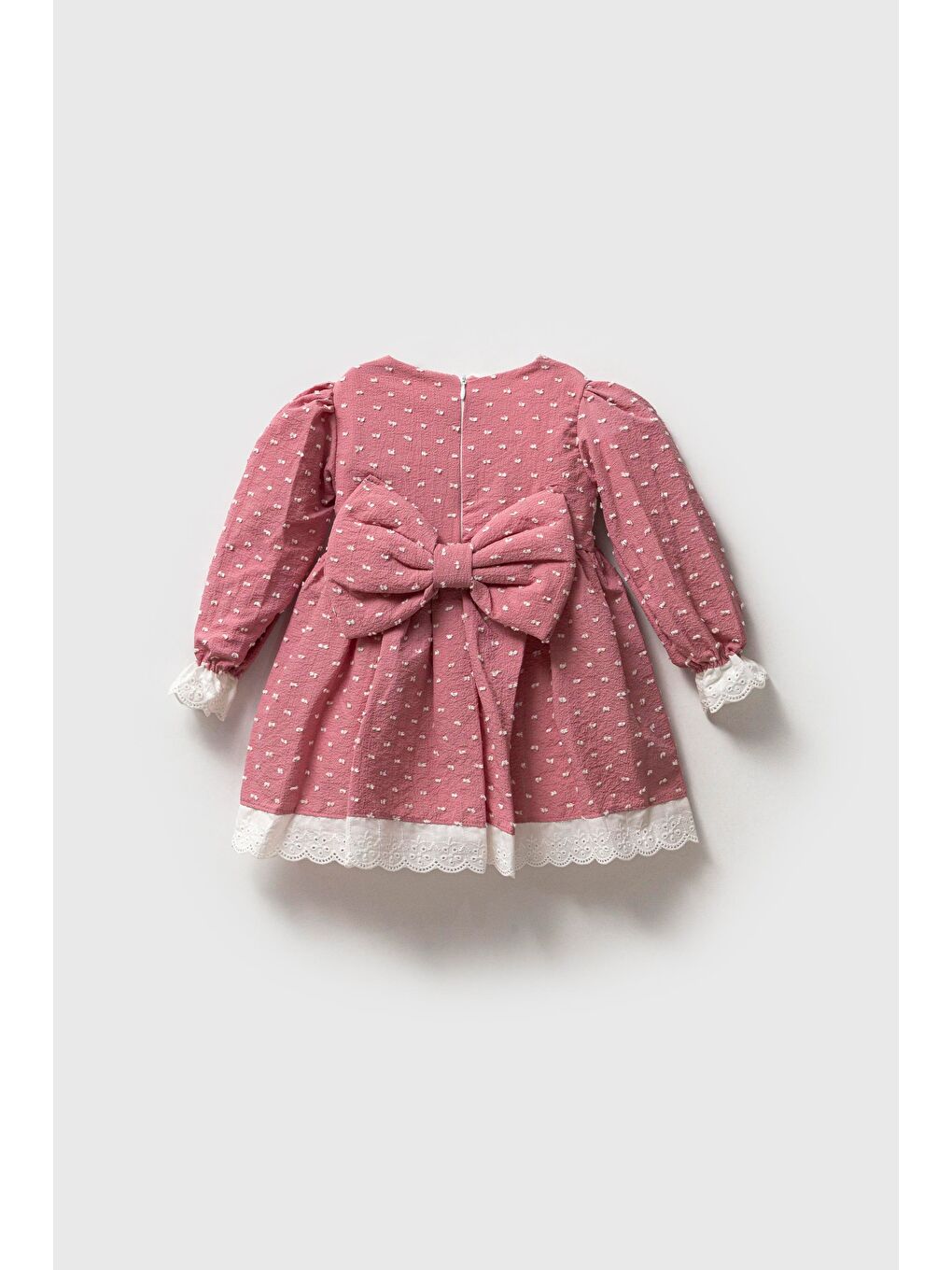 Pembe Fiyonk Desenli Pamuklu Astarlı Dantelli Elbise Kız Çocuk-1