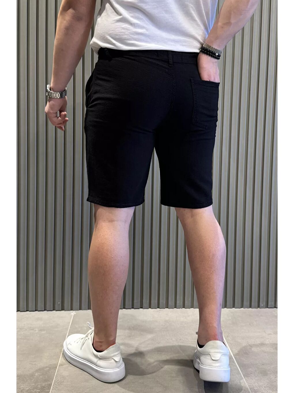 Siyah Bel Bağcıklı Erkek Keten Şort-2