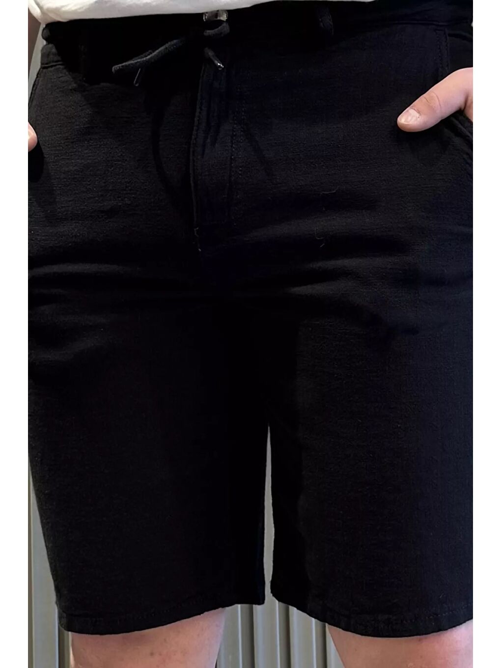 Siyah Bel Bağcıklı Erkek Keten Şort-3