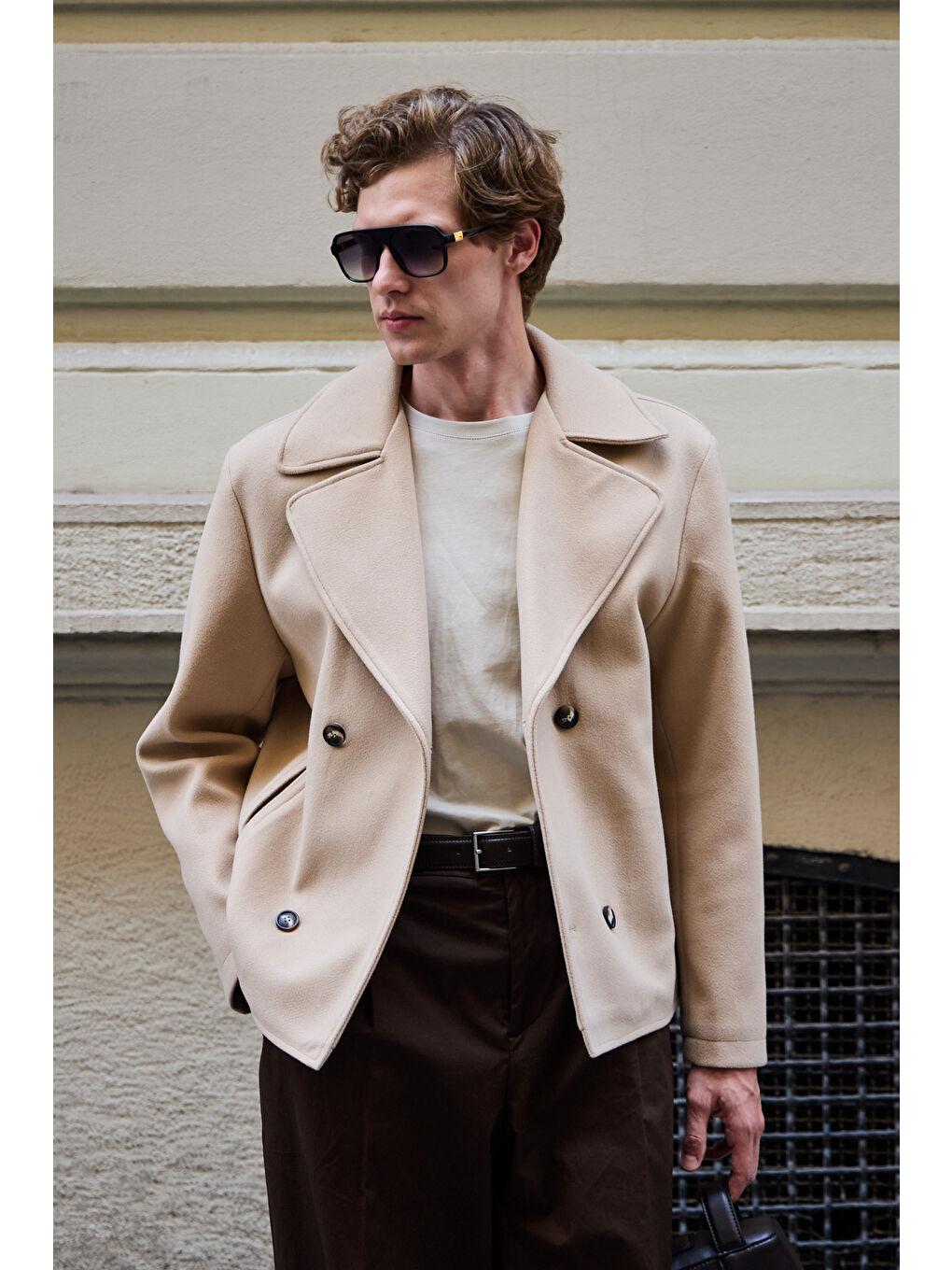 Erkek Kruvaze Kaşe Mont Ceket Bej