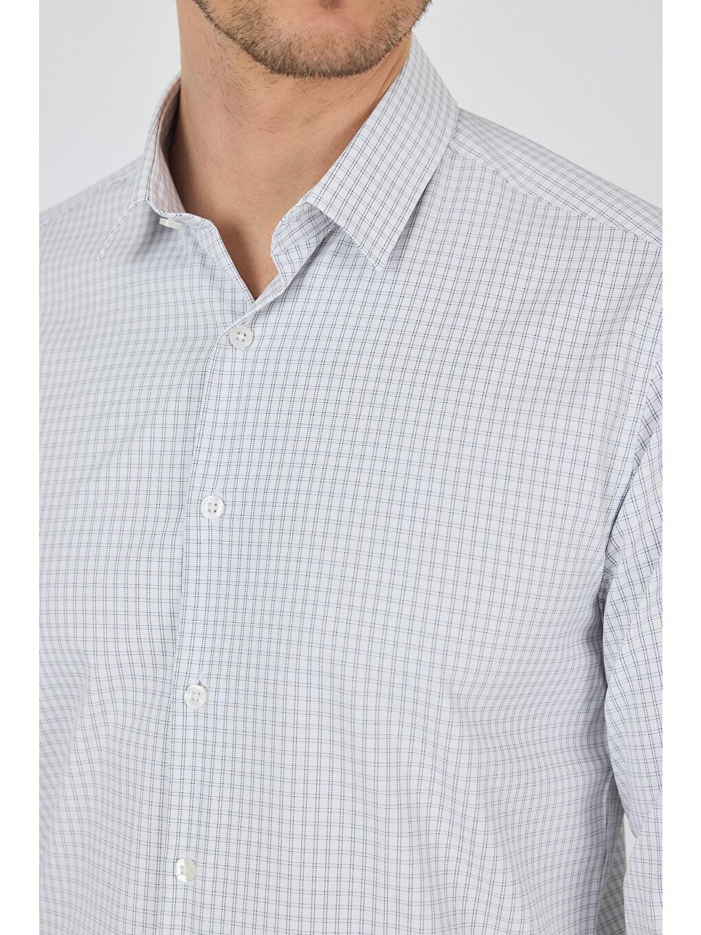 Beyaz Sert Yaka Cepsiz Gabardin Uzun Kol Slim Fit Esnek Gömlek 1004250232-3