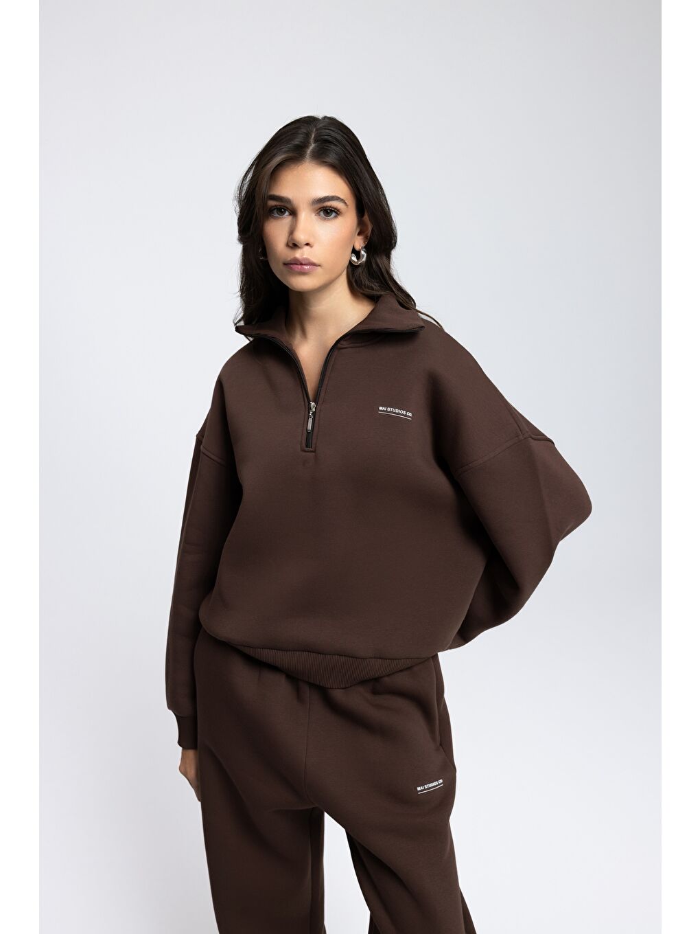 Kahverengi Ravel Fermuarlı Detay Kahve Eşofman Takım