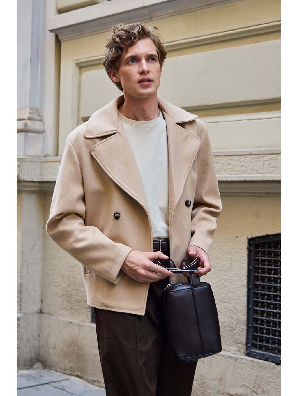 Erkek Kruvaze Kaşe Mont Ceket Bej-1