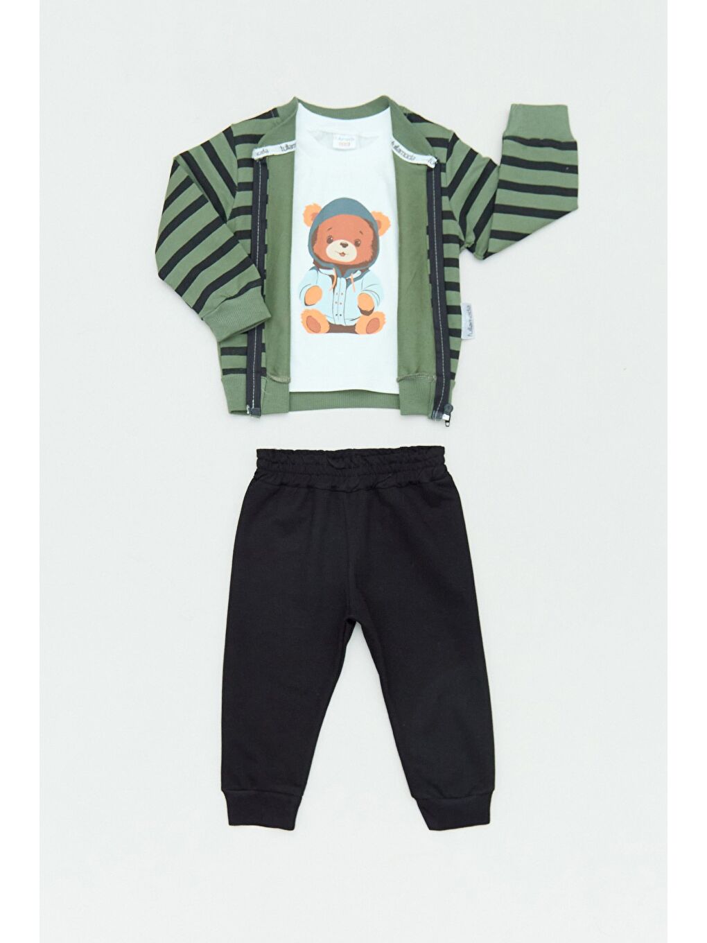 Haki %100 Pamuk Ayıcık Baskılı 3 Lü Erkek Çocuk Takım-1