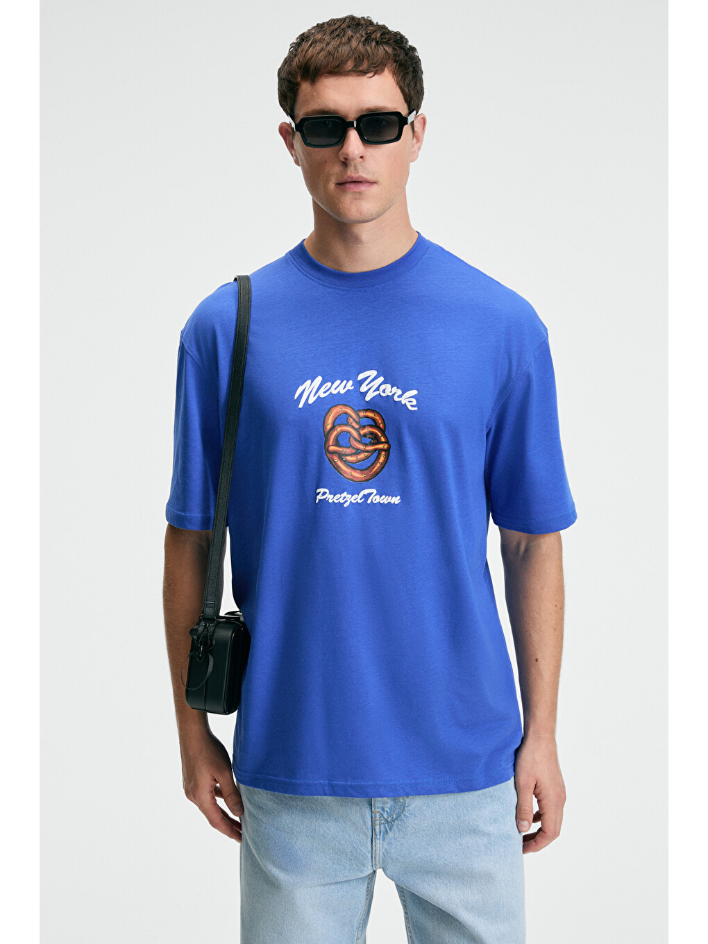 Mavi Crısp Erkek Oversize %100 Pamuk Baskılı Yuvarlak Yaka Saks T-shirt-1