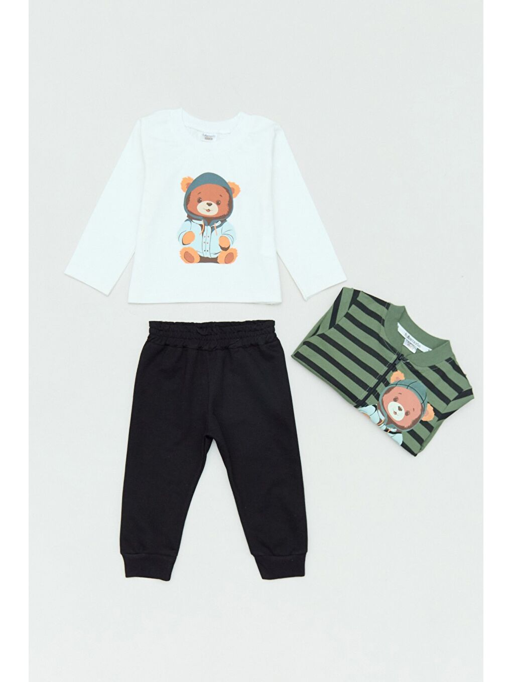Haki %100 Pamuk Ayıcık Baskılı 3 Lü Erkek Çocuk Takım-2