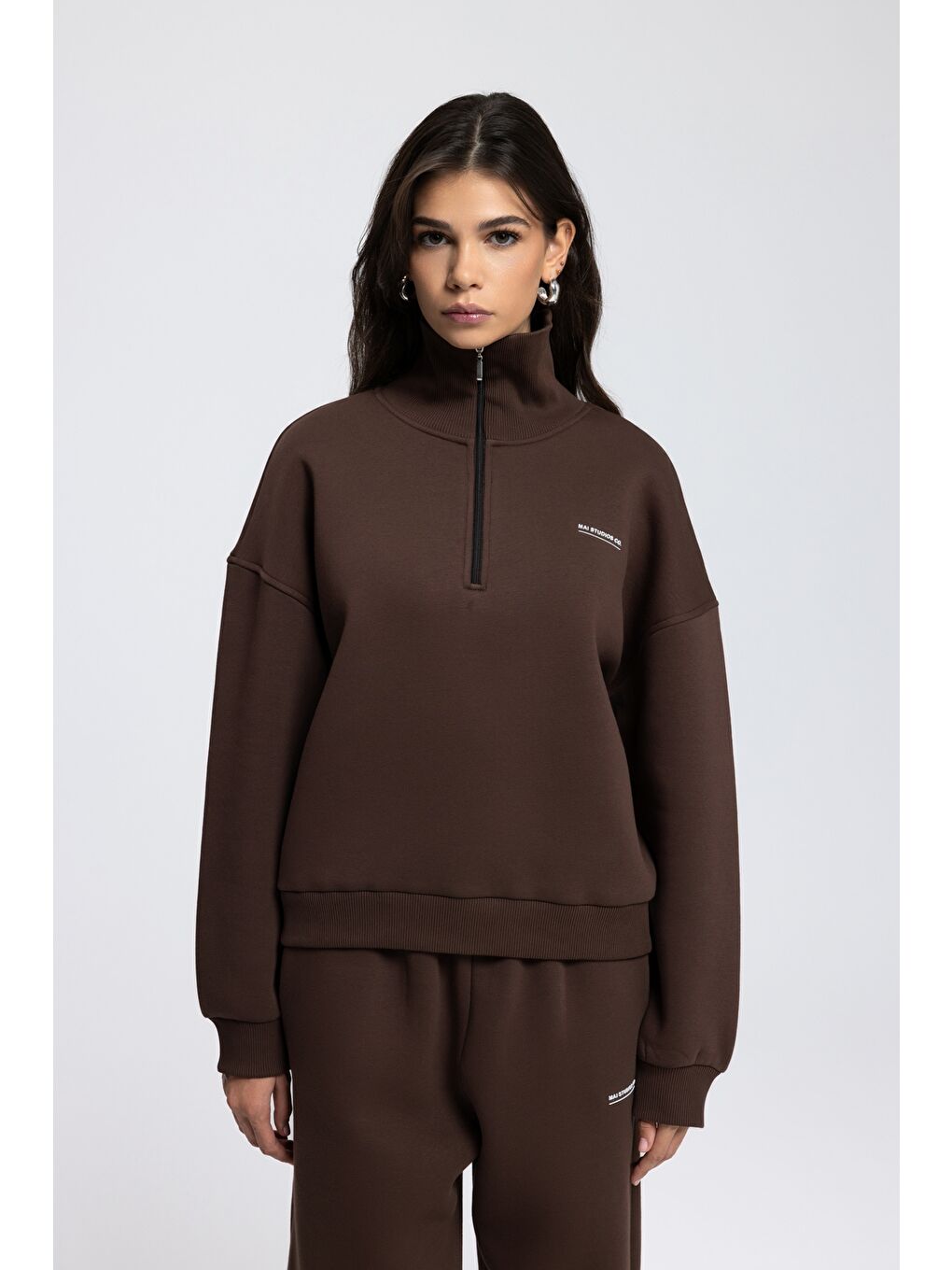 Kahverengi Ravel Fermuarlı Detay Kahve Eşofman Takım-5